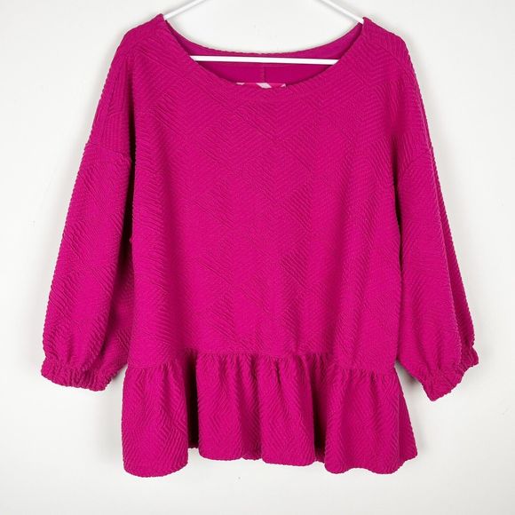 Anthropologie Maeve Hot Pink Mikayla Textured Peplum Long Sleeve Blouse Large - Picture 2 of 6